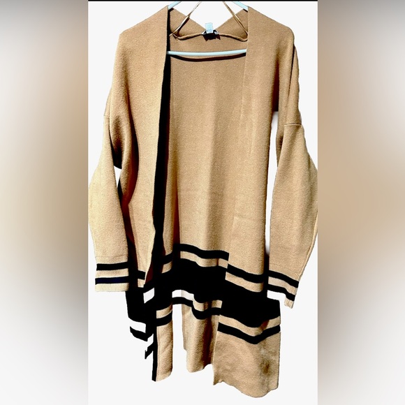 Crown&Ivy Open Cardigan Sweater Womens Sz M Petite Tan Black Stripes ColorBlock - Picture 1 of 9